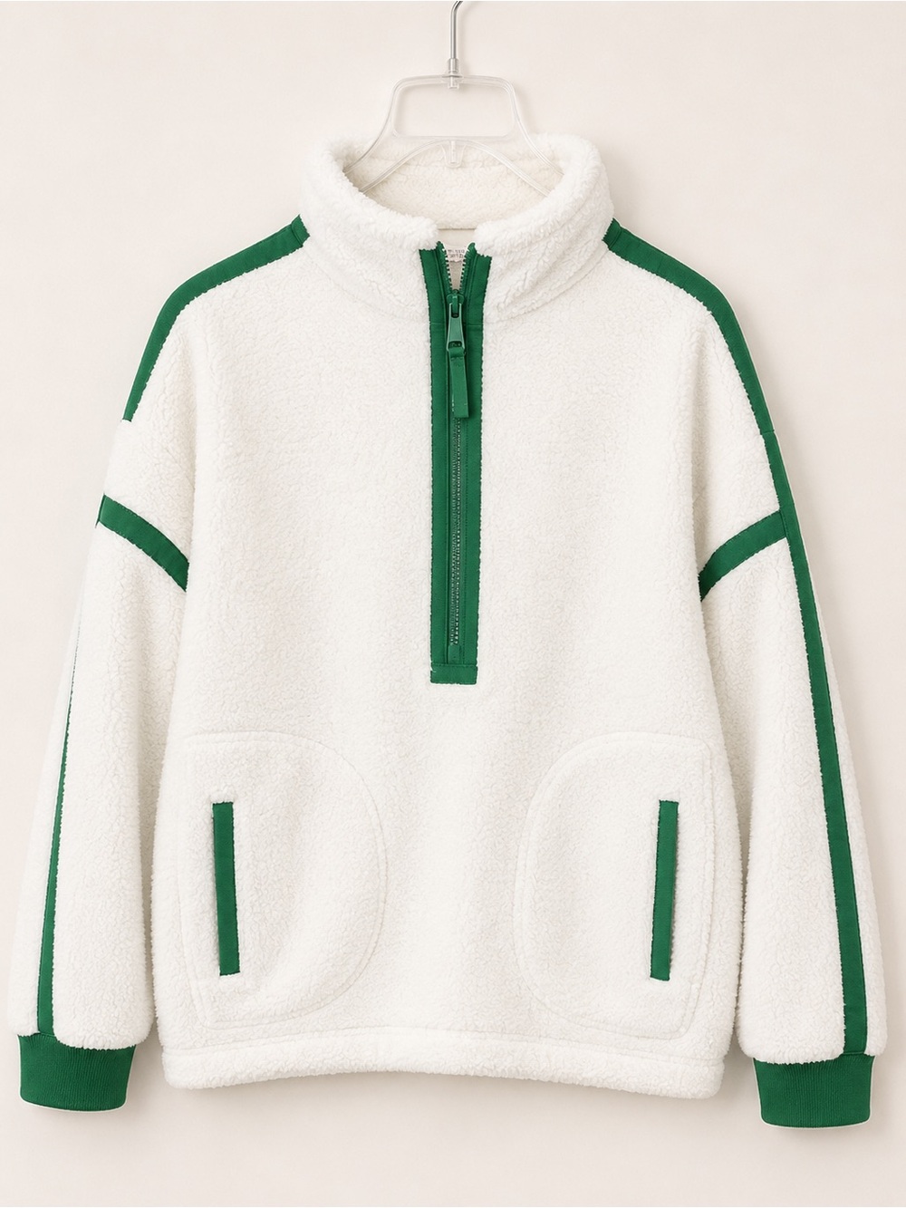 Ivory Colorblock Sherpa Fleece Half-Zip Pullover Sweatshirt - Kelly Green S